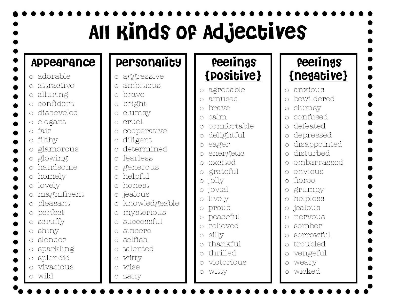 descriptive writing adjectives list